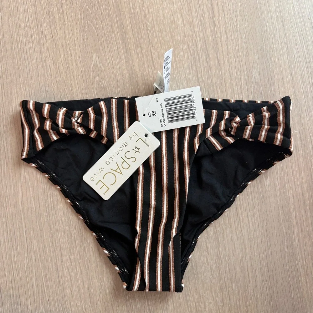 L*Space La Jolla Bikini Bottom XS Black‎ Bronze Striped Twist Knot GHLJF19 NEW